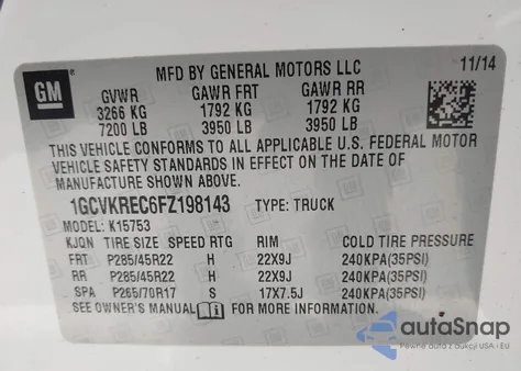2015 Chevrolet Silverado 1500 1Lt from USA, damaged, VIN 1GCVKREC6FZ198143